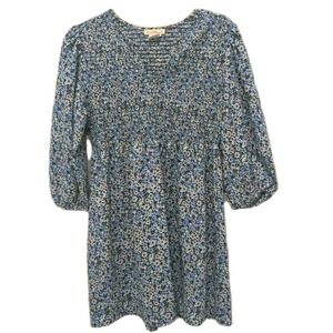 Sweet Magnolia Mini Dress Small‎ Blue Floral Shirred Bodice Boho Cottagecore
